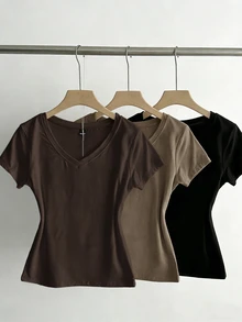 SHEIN EZwear 3件組女款夏秋V領修身T恤，龐克次文化動漫純色基礎款V領短袖修身T恤 - 彩色 - 查看 6