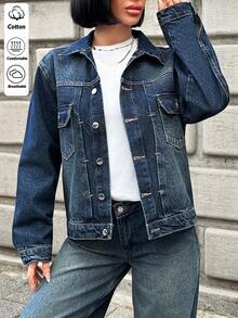 Pariaura Casual Loose Long Sleeve Cropped Denim Jacket - Medium Wash - View 7