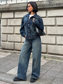 Pariaura Casual Loose Long Sleeve Cropped Denim Jacket - Medium Wash - View 6
