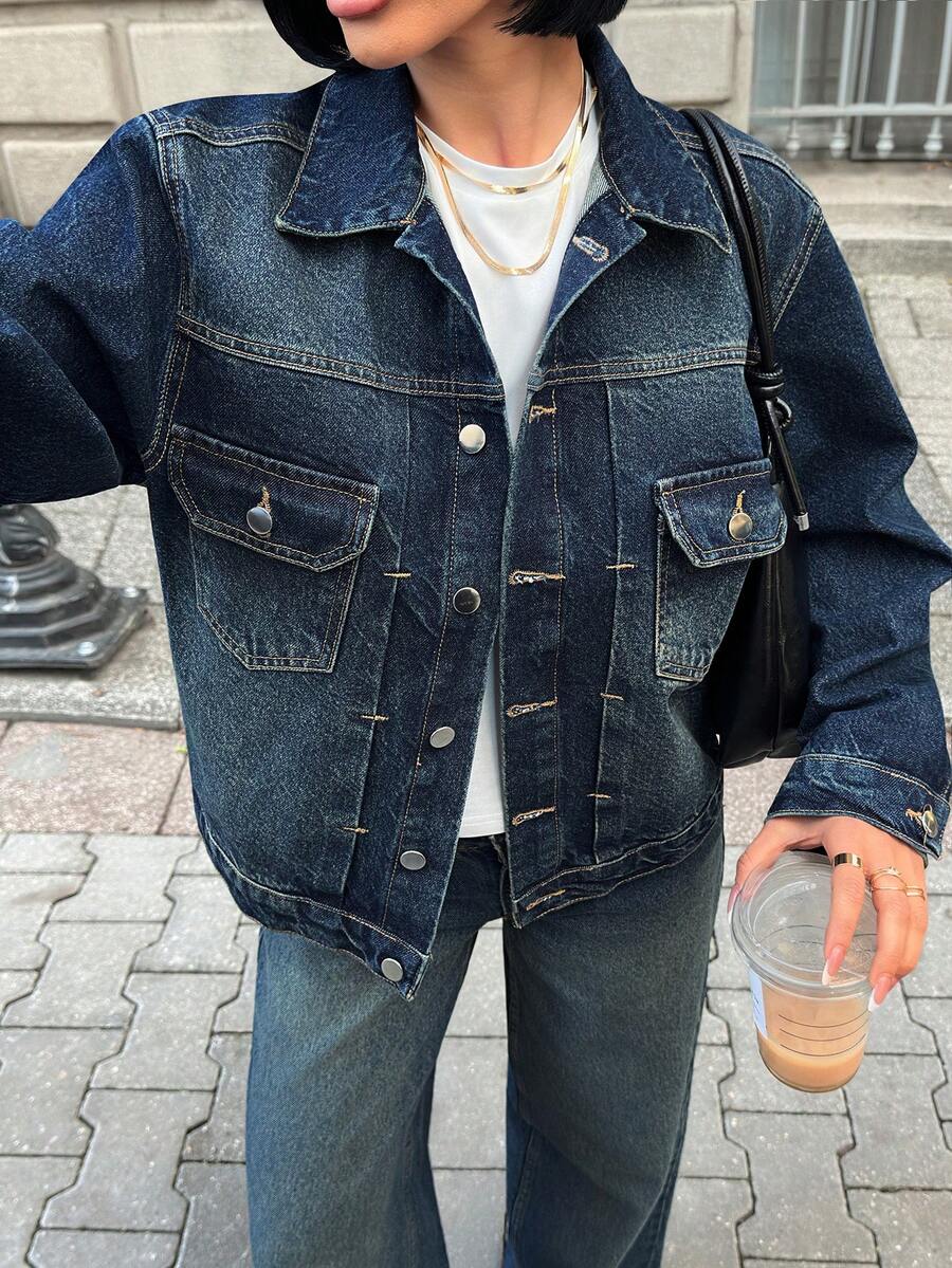 Pariaura Casual Loose Long Sleeve Cropped Denim Jacket - Medium Wash - View 1