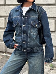 Pariaura Casual Loose Long Sleeve Cropped Denim Jacket - Medium Wash - View 5