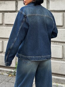 Pariaura Casual Loose Long Sleeve Cropped Denim Jacket - Medium Wash - View 2