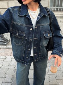 Pariaura Casual Loose Long Sleeve Cropped Denim Jacket - Medium Wash - View 3