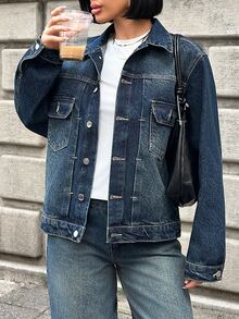 Pariaura Casual Loose Long Sleeve Cropped Denim Jacket - Medium Wash - View 4