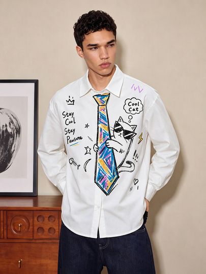 FROVYX Men's Original Fun Graffiti Long Sleeve Shirt, Stay Cool! Fun Graffiti Releases Artistic Nature, Be The Coolest Cat On The Street, Suitable For Street Culture Enthusiasts And Young People Who Love Artistic Design
