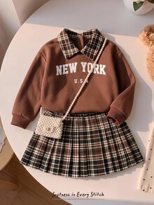 Cozy Pixies Baby Girl Brown Plaid Autumn School Uniform Vintage Letter Print Collared Long Sleeve Dress Set - Multicolor - View 1