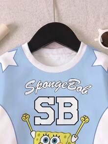 SpongeBob SquarePants | SHEIN 青少年男孩休閒街頭風藍白淺藍卡通星星印花長袖寬鬆圓領上衣，適合校園穿搭，秋冬季上衣 - 藍色 - 查看 4