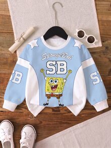 SpongeBob SquarePants | SHEIN 青少年男孩休閒街頭風藍白淺藍卡通星星印花長袖寬鬆圓領上衣，適合校園穿搭，秋冬季上衣 - 藍色 - 查看 7