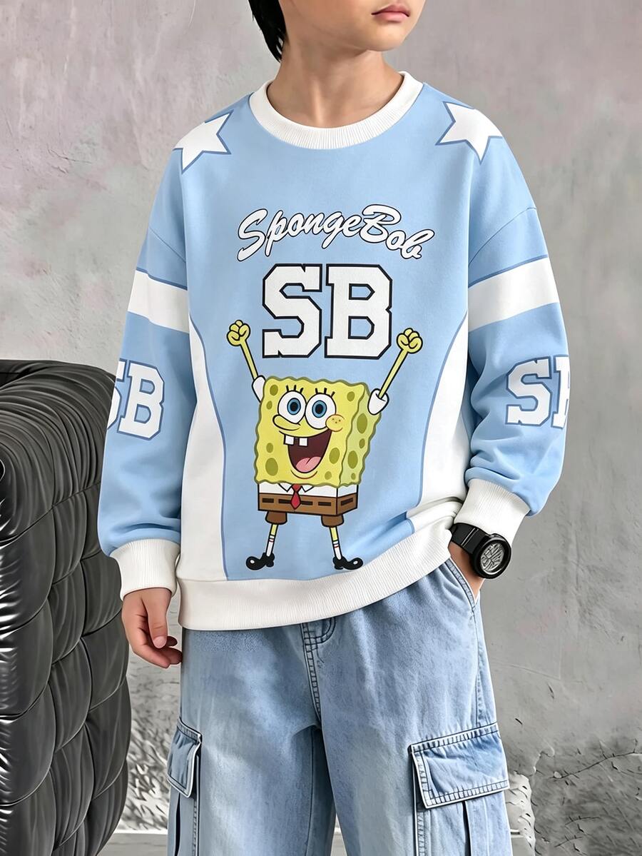 SpongeBob SquarePants | SHEIN 青少年男孩休閒街頭風藍白淺藍卡通星星印花長袖寬鬆圓領上衣,適合校園穿搭,秋冬季上衣 - 藍色 - 查看 1