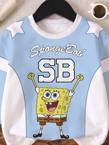 SpongeBob SquarePants | SHEIN 青少年男孩休閒街頭風藍白淺藍卡通星星印花長袖寬鬆圓領上衣，適合校園穿搭，秋冬季上衣 - 藍色 - 查看 6