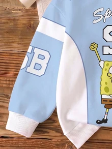 SpongeBob SquarePants | SHEIN 青少年男孩休閒街頭風藍白淺藍卡通星星印花長袖寬鬆圓領上衣，適合校園穿搭，秋冬季上衣 - 藍色 - 查看 5