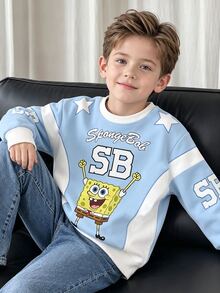 SpongeBob SquarePants | SHEIN 青少年男孩休閒街頭風藍白淺藍卡通星星印花長袖寬鬆圓領上衣，適合校園穿搭，秋冬季上衣 - 藍色 - 查看 8