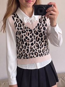 SHEIN 8-12歲女童復古豹紋V領針織背心 無袖毛衣背心 層次穿搭休閒針織背心 春秋百搭上衣 - 彩色 - 查看 3