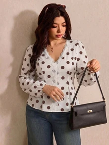Elaquor Autumn New Plus Size Polka Dot Print V-Neck Long Sleeve Shirt Fall - Multicolor - View 8