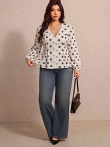 Elaquor Autumn New Plus Size Polka Dot Print V-Neck Long Sleeve Shirt Fall - Multicolor - View 4