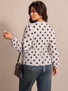 Elaquor Autumn New Plus Size Polka Dot Print V-Neck Long Sleeve Shirt Fall - Multicolor - View 3