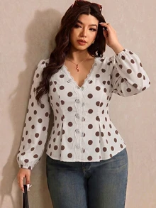Elaquor Autumn New Plus Size Polka Dot Print V-Neck Long Sleeve Shirt Fall - Multicolor - View 7