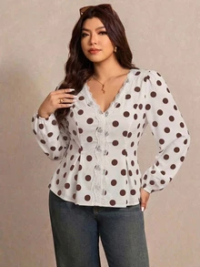 Elaquor Autumn New Plus Size Polka Dot Print V-Neck Long Sleeve Shirt Fall - Multicolor - View 5