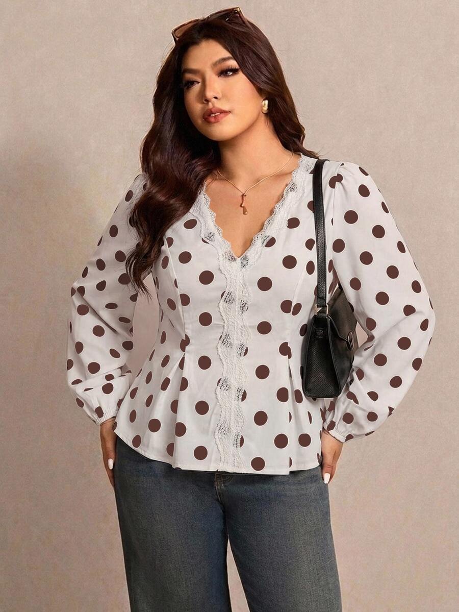 Elaquor Autumn New Plus Size Polka Dot Print V-Neck Long Sleeve Shirt Fall