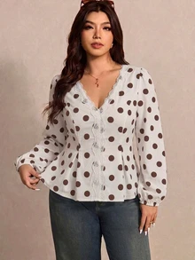 Elaquor Autumn New Plus Size Polka Dot Print V-Neck Long Sleeve Shirt Fall - Multicolor - View 6