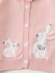 SHEIN Elladie kids 女嬰針織開襟衫，圓領荷葉邊裝飾，粉色毛衣，百搭日常穿著，優雅淑女風，提花兔子卡通可愛極簡基本款，舒適柔軟甜美優雅獨特，適合外出、旅行、上學、秋冬、派對、戶外玩耍、野餐 - 粉色 - 查看 10