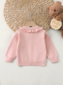 SHEIN Elladie kids 女嬰針織開襟衫，圓領荷葉邊裝飾，粉色毛衣，百搭日常穿著，優雅淑女風，提花兔子卡通可愛極簡基本款，舒適柔軟甜美優雅獨特，適合外出、旅行、上學、秋冬、派對、戶外玩耍、野餐 - 粉色 - 查看 2