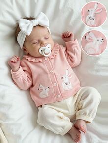 SHEIN Elladie kids 女嬰針織開襟衫，圓領荷葉邊裝飾，粉色毛衣，百搭日常穿著，優雅淑女風，提花兔子卡通可愛極簡基本款，舒適柔軟甜美優雅獨特，適合外出、旅行、上學、秋冬、派對、戶外玩耍、野餐 - 粉色 - 查看 1
