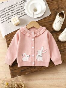 SHEIN Elladie kids 女嬰針織開襟衫，圓領荷葉邊裝飾，粉色毛衣，百搭日常穿著，優雅淑女風，提花兔子卡通可愛極簡基本款，舒適柔軟甜美優雅獨特，適合外出、旅行、上學、秋冬、派對、戶外玩耍、野餐 - 粉色 - 查看 3