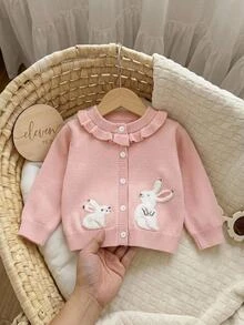 SHEIN Elladie kids 女嬰針織開襟衫，圓領荷葉邊裝飾，粉色毛衣，百搭日常穿著，優雅淑女風，提花兔子卡通可愛極簡基本款，舒適柔軟甜美優雅獨特，適合外出、旅行、上學、秋冬、派對、戶外玩耍、野餐 - 粉色 - 查看 4