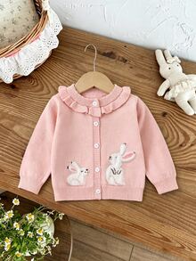 SHEIN Elladie kids 女嬰針織開襟衫，圓領荷葉邊裝飾，粉色毛衣，百搭日常穿著，優雅淑女風，提花兔子卡通可愛極簡基本款，舒適柔軟甜美優雅獨特，適合外出、旅行、上學、秋冬、派對、戶外玩耍、野餐 - 粉色 - 查看 5