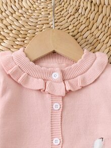 SHEIN Elladie kids 女嬰針織開襟衫，圓領荷葉邊裝飾，粉色毛衣，百搭日常穿著，優雅淑女風，提花兔子卡通可愛極簡基本款，舒適柔軟甜美優雅獨特，適合外出、旅行、上學、秋冬、派對、戶外玩耍、野餐 - 粉色 - 查看 9