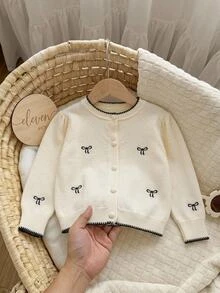 Elladie kids 6個月至3歲女嬰奶油色圓領針織開襟衫，黑色蝴蝶結刺繡、黑色飾邊、泡泡袖、單排鈕扣毛衣外套，嬰兒幼童春秋百搭溫柔針織外衣 - 米色 - 查看 3