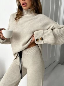 SHEIN Petite Size Women Mock Neck Knitted Pullover Hunky Solid Color Casual Knit Tunic Sweater And High Waist Drawstring Detailed 2 Pieces Set - Mocha Brown - View 2