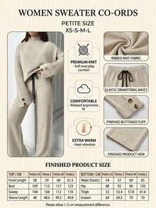 SHEIN Petite Size Women Mock Neck Knitted Pullover Hunky Solid Color Casual Knit Tunic Sweater And High Waist Drawstring Detailed 2 Pieces Set - Mocha Brown - View 3