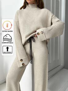 SHEIN Petite Size Women Mock Neck Knitted Pullover Hunky Solid Color Casual Knit Tunic Sweater And High Waist Drawstring Detailed 2 Pieces Set - Mocha Brown - View 1