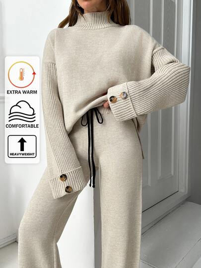 SHEIN Petite Size Women Mock Neck Knitted Pullover Hunky Solid Color Casual Knit Tunic Sweater And High Waist Drawstring Detailed 2 Pieces Set