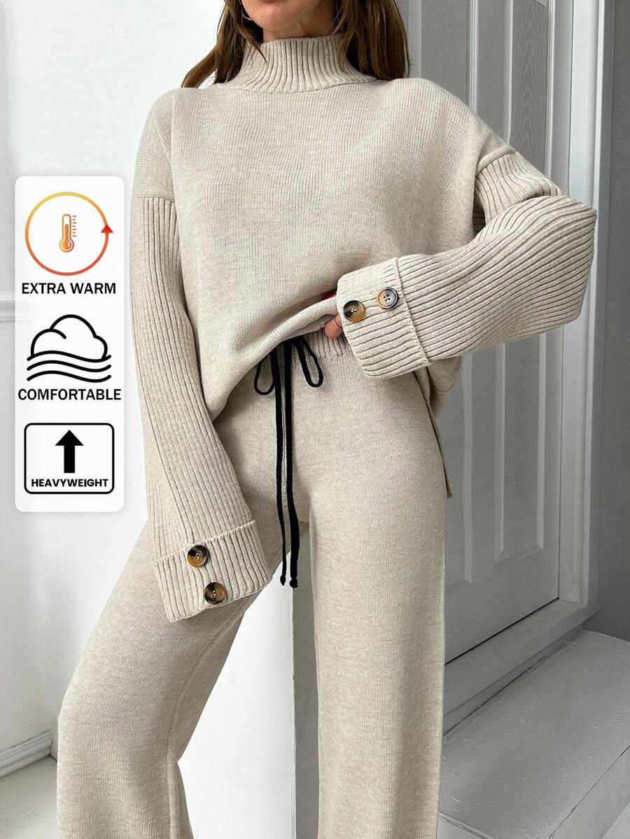 SHEIN Petite Size Women Mock Neck Knitted Pullover Hunky Solid Color Casual Knit Tunic Sweater And High Waist Drawstring Detailed 2 Pieces Set - Mocha Brown - View 1
