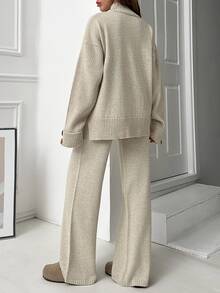 SHEIN Petite Size Women Mock Neck Knitted Pullover Hunky Solid Color Casual Knit Tunic Sweater And High Waist Drawstring Detailed 2 Pieces Set - Mocha Brown - View 6