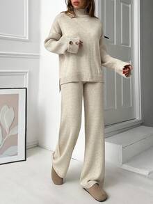 SHEIN Petite Size Women Mock Neck Knitted Pullover Hunky Solid Color Casual Knit Tunic Sweater And High Waist Drawstring Detailed 2 Pieces Set - Mocha Brown - View 9