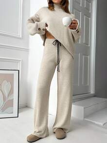 SHEIN Petite Size Women Mock Neck Knitted Pullover Hunky Solid Color Casual Knit Tunic Sweater And High Waist Drawstring Detailed 2 Pieces Set - Mocha Brown - View 8