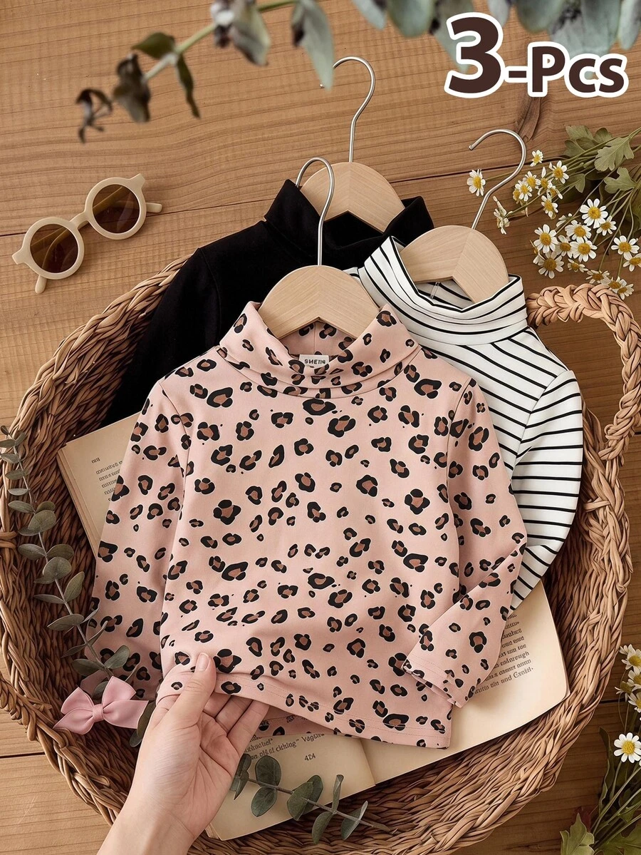 LMoss Kids Kids Baby Girls Simple Striped Knit High Neck Basic Pullover Long Sleeve T-Shirt 3pcs Set - Multicolor - View 1