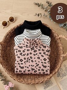 LMoss Kids Kids Baby Girls Simple Striped Knit High Neck Basic Pullover Long Sleeve T-Shirt 3pcs Set - Multicolor - View 2
