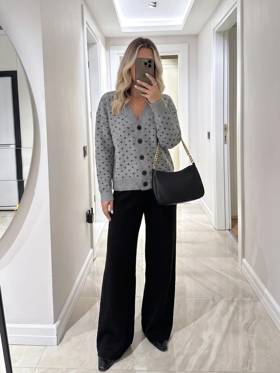 SHEIN Polda Dot Cardigan And Wide Leg Pants Set - Grey - View 1