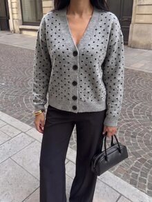 SHEIN Polda Dot Cardigan And Wide Leg Pants Set - Grey - View 8
