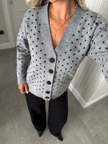 SHEIN Polda Dot Cardigan And Wide Leg Pants Set - Grey - View 4