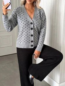 SHEIN Polda Dot Cardigan And Wide Leg Pants Set - Grey - View 3
