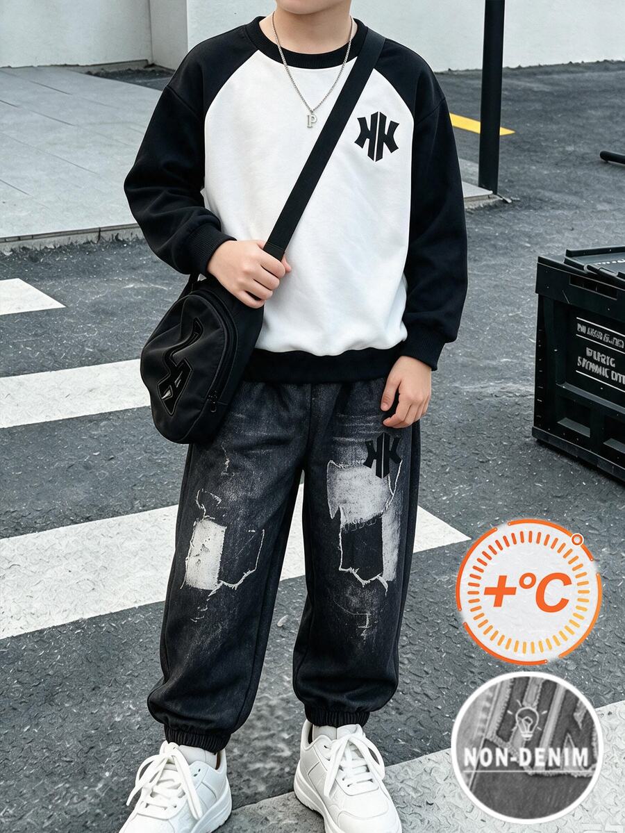 小男孩運動衫套裝,丹寧效果印花風格,字母圖案圓領長袖運動衫搭配同色長褲 2 件套,適合秋冬室內外穿著 - 彩色 - 查看 1