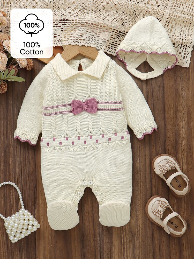 SHEIN Newborn Baby Sweater Onesies Pure Cotton Girl Pullover Knit Long Sleeve Romper Footies Knitted Hat, Autumn Winter Cable Design, White Bow - Beige - View 4