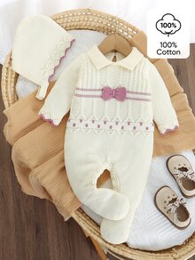 SHEIN 新生兒女嬰純棉針織連身衣套裝，長袖連腳連身衣連帽衫，秋冬款麻花編織設計，白色蝴蝶結 - 米色 - 查看 1
