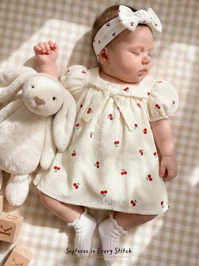 Cozy Pixies Vestido de Menina Recém-Nascida com Estampa Floral Miúda, Laço Decorativo, Gola Redonda, Manga Pétala e Cintura Marcada